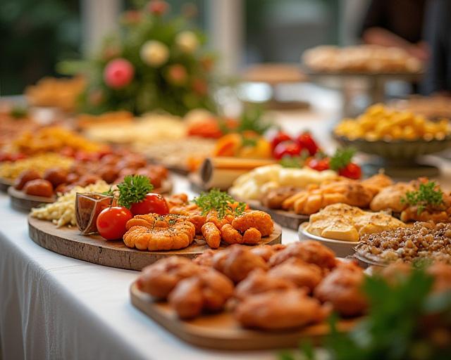 Et bord dekket med et utvalg av Fønix Bakverks produkter for et arrangement.