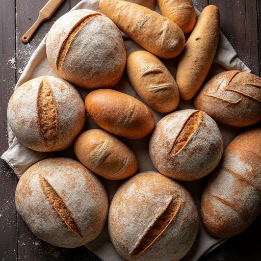 Et utvalg av forskjellige surdeigsbrød.